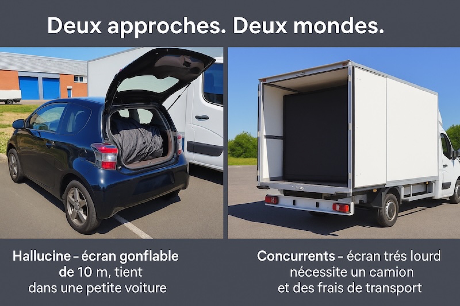 Écran gonflable Hallucine de 10 m dans le coffre d'une petite voiture, face à un écran concurrent nécessitant un camion